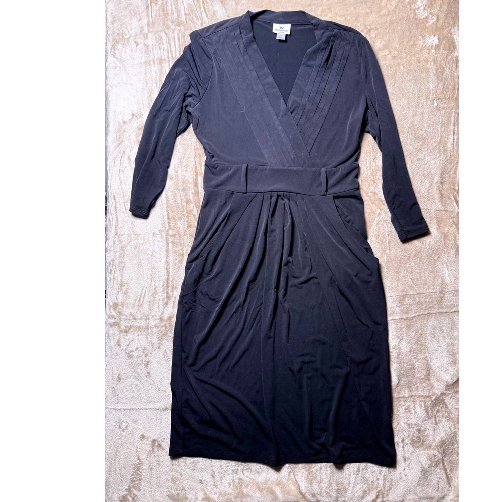 90s Worthington Black Faux Wrap Dress 3/4 Sleeve Pleated V-Neck Pockets Small‎